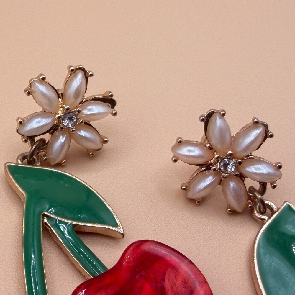 Red Cherry Dangle Earrings Pearl Flower Green Enamel Coquette Statement Gift - Picture 8 of 15